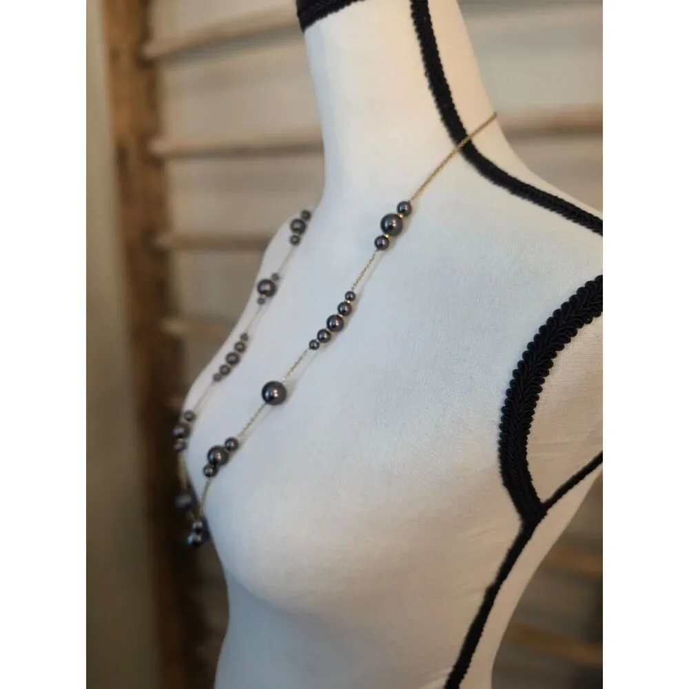 J.Crew Gray Faux Pearl Station Necklace Gold Tone Long Signed Vintage Style